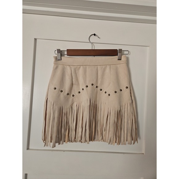 SHEIN Dresses & Skirts - SHEIN MOD Faux Suede Fringe Mini Skirt Size S NWT Studded Western Boho Cream